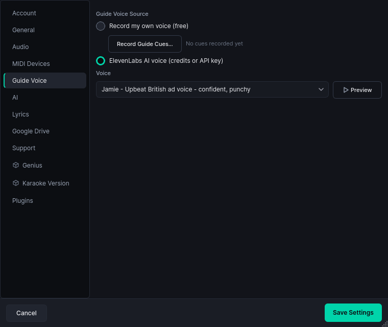 Guide-voice settings: record your own cues for free, or pick a curated AI voice and preview it