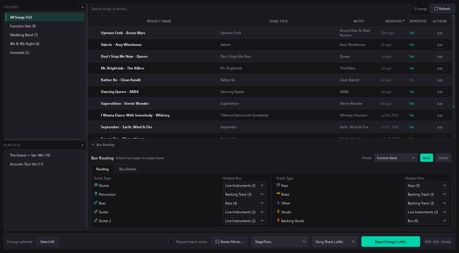 TraxxTool library with folders, playlists, bus routing presets and batch setlist export