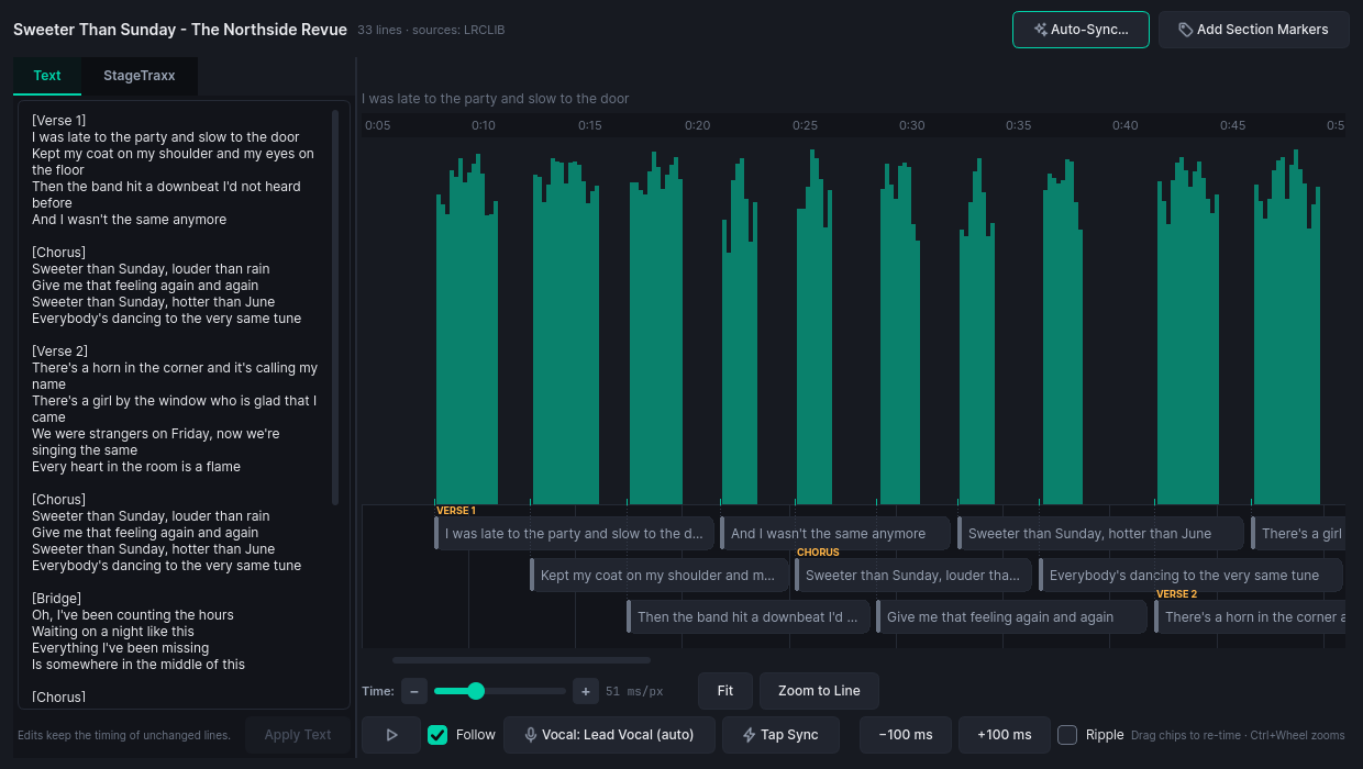 Lyrics Studio: lyric lines as draggable chips over a vocal-activity ribbon, with a StageTraxx preview