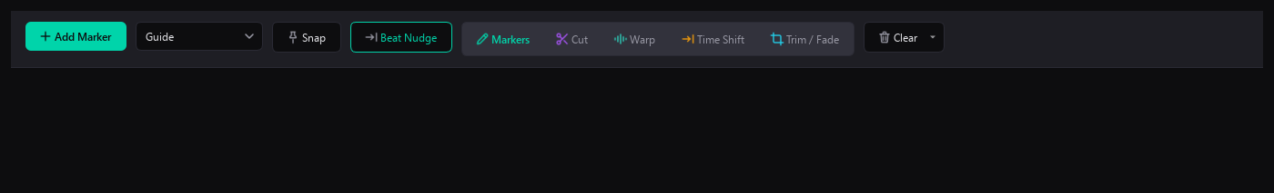 Editing toolbar: markers, cut, warp, time shift, trim/fade tools with snap and beat nudge