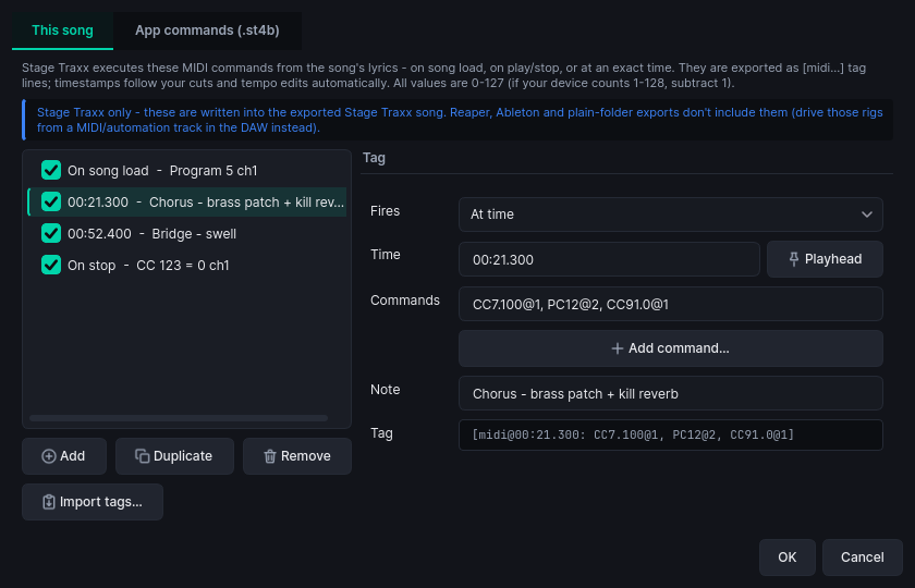 Custom MIDI command editor for pedal and patch cues