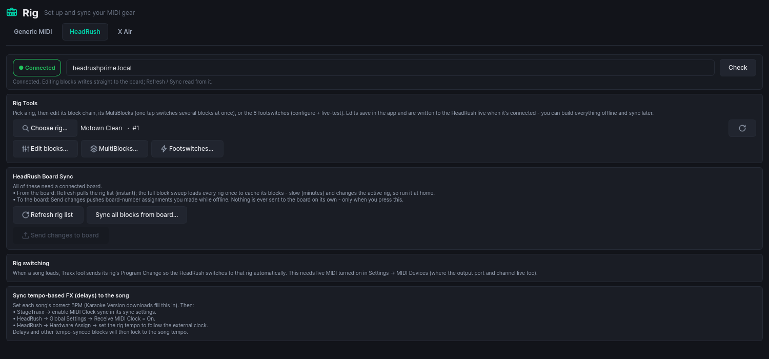 Rig tab: HeadRush connection banner, rig picker, block-chain and footswitch tools, and board sync
