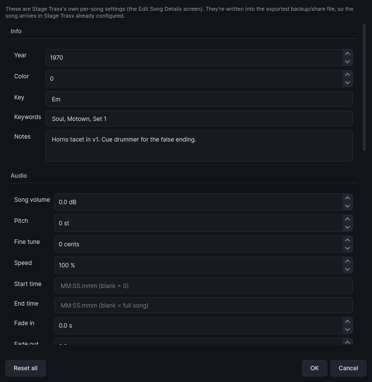 Song details editor: key, keywords, MIDI trigger, pitch, speed, trims and fades