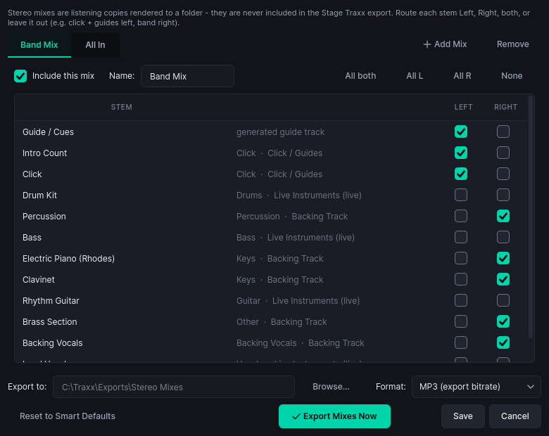 Stereo mix export dialog with per-stem left/right folder mixes
