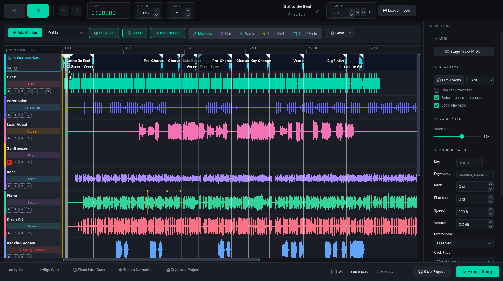 TraxxTool workbench: colour-coded stems on a timeline with spoken guide cues, section markers, MIDI cues, a muted track and a warped bar
